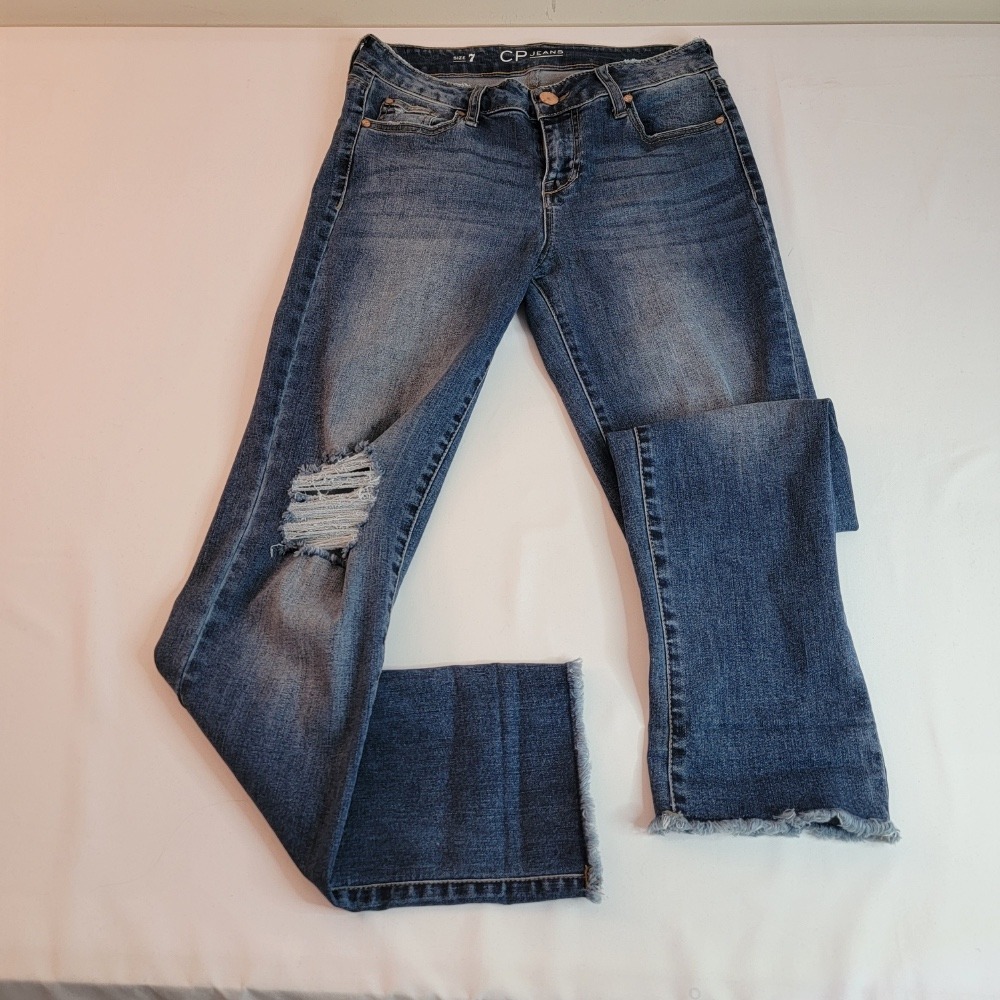 CP Jeans Frayed Hem Distressed‎ Denim Jeans Bootcut Medium Wash Size 7